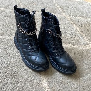 CHASE + CHLOE combat boots. Never worn, with tags and box. Chain detail, quilted